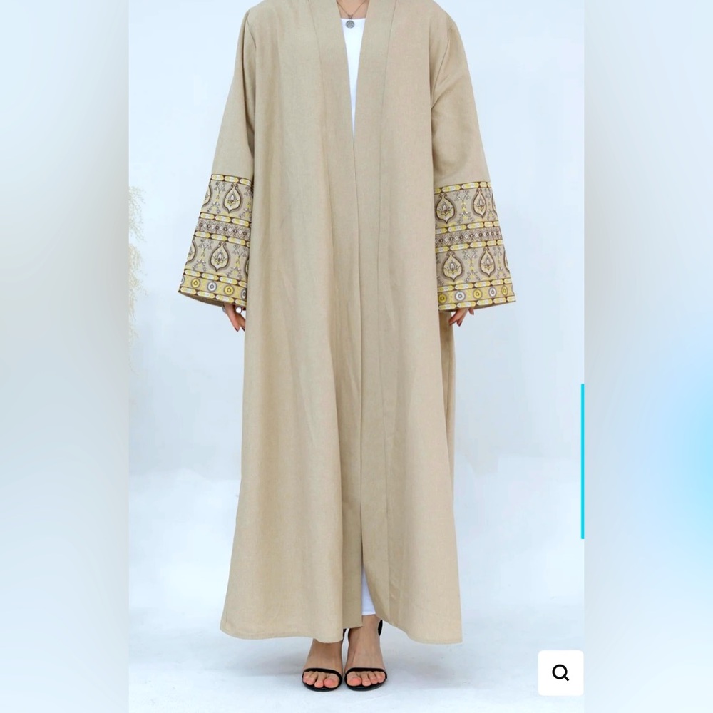 NAZIA Flower Pattern Embroidery Linen Modest Open Abaya 753 - Cornsilk